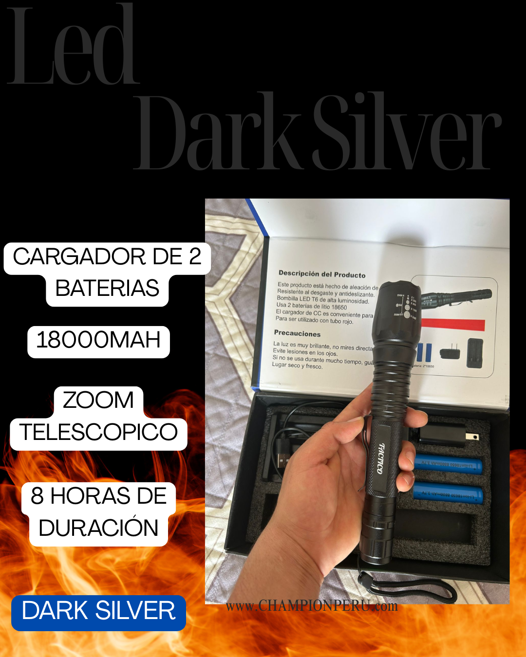 🔦⚡ LINTERNA LED DARK SILVER LARGA DISTANCIA + CARGA RAPIDA 🔋